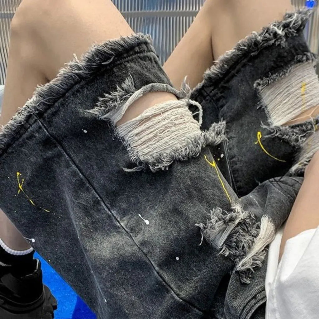 Men's black water washed hole denim shorts with loose street style fit