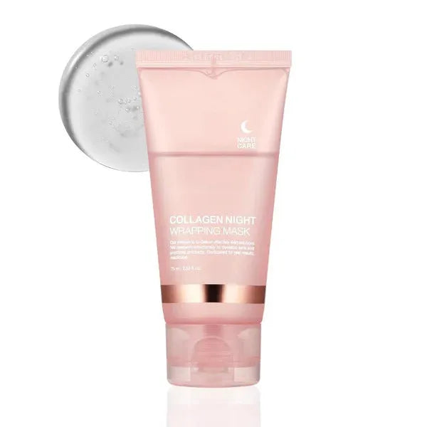 75ml bottle of collagen night mask with applicator brush for skin firming and hydration.