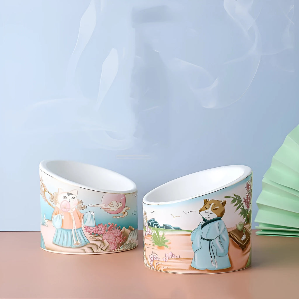 Chinese style ceramic cat bowl with high legs and double slanted mouth compartments