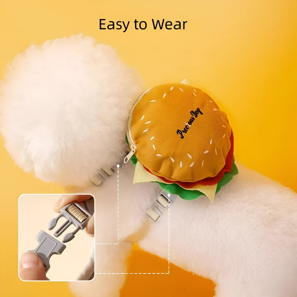 Cute cartoon hamburger print on an adjustable vest-style dog leash and harness.