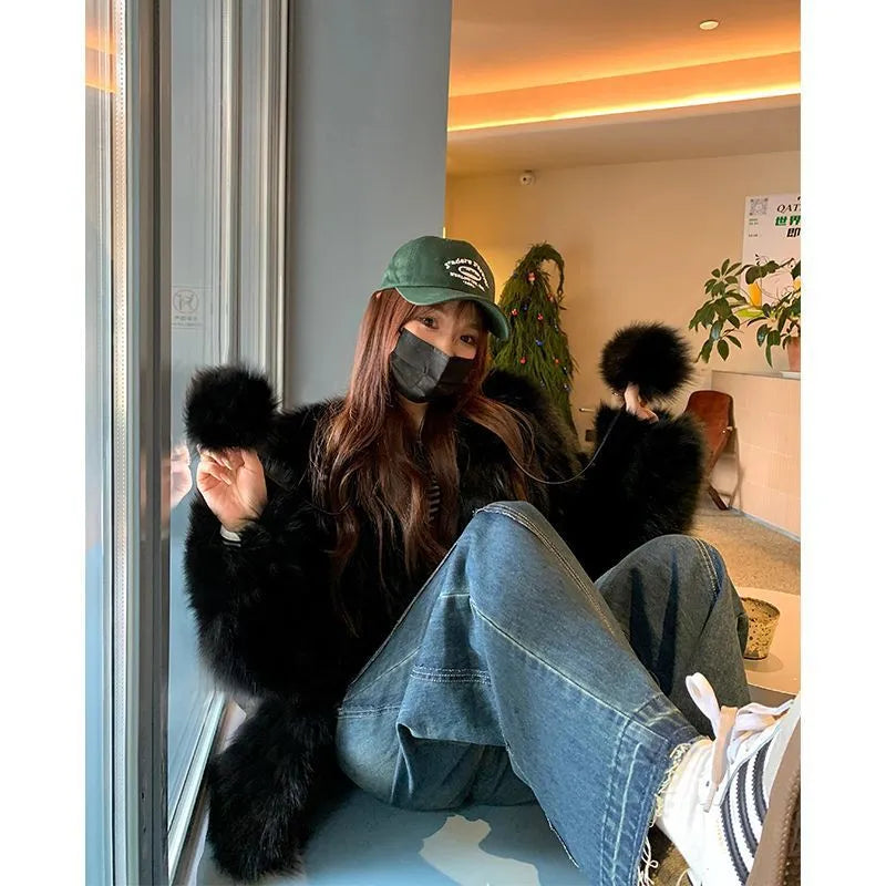 Corduroy coat for young women with rabbit fur, slim fit, in milk coffee, black, milk white or mousse milk tea