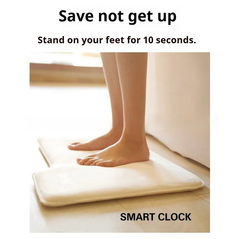 Smart carpet mat alarm clock with 20mm thick velvet cloth shell, showing the mat and control panel