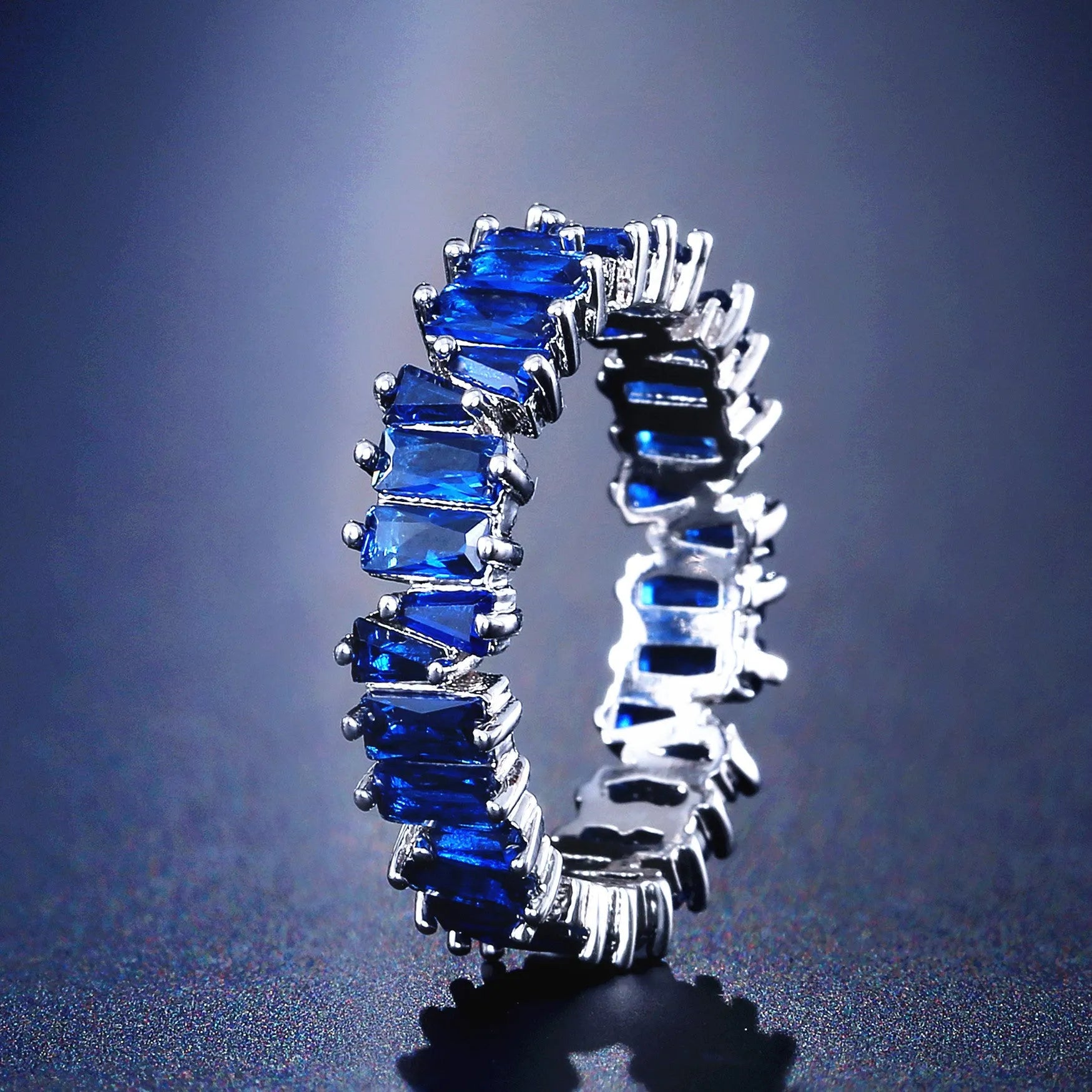 Women's geometric copper ring with micro inlaid AAA zircon in white gold plating, side view
