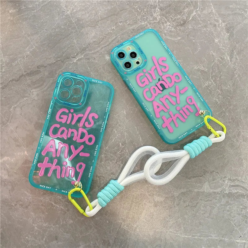 Graffiti personalised English lanyard phone case for iPhone in TPU with detachable strap