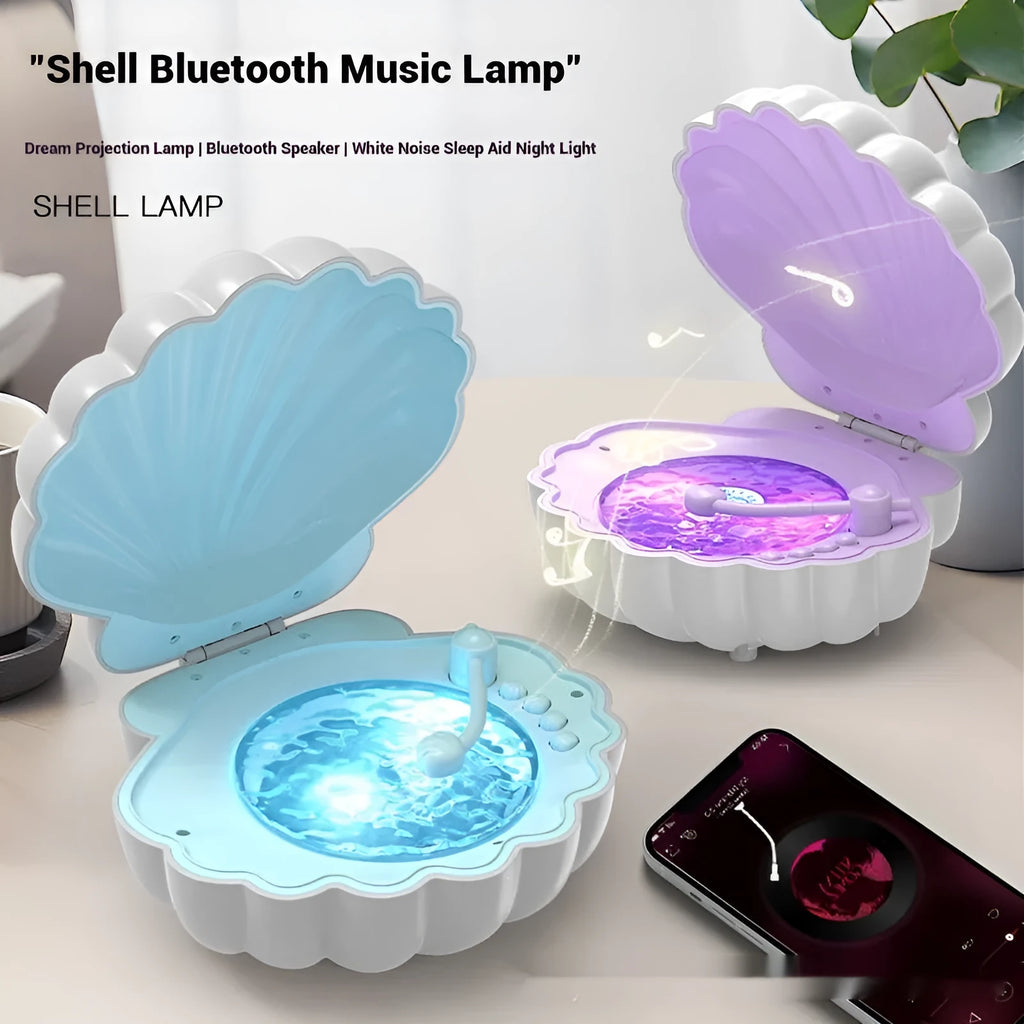 Retro vinyl record player design shell lamp in a choice of blue and purple colours, placed on a surface.