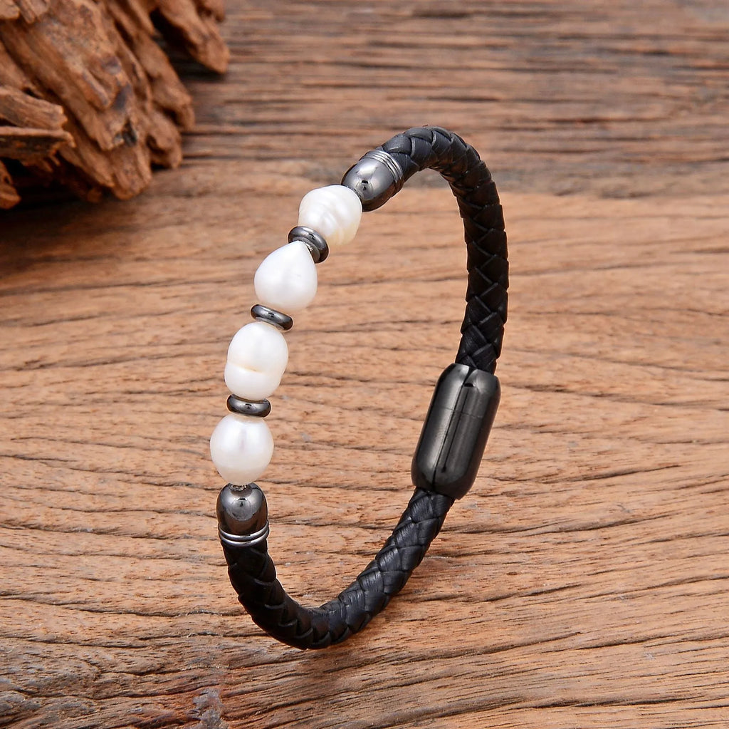Korean style leather bracelet with irregular shaped pearls and adjustable fastening