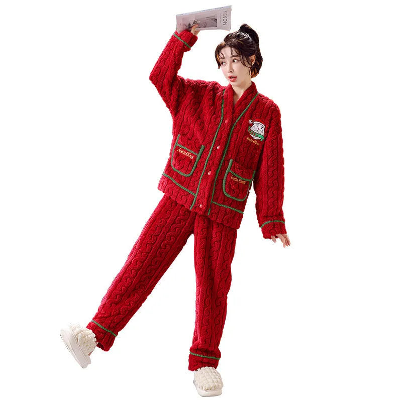 Winter women's red flannel homewear leisure set with long-sleeved top and matching pants