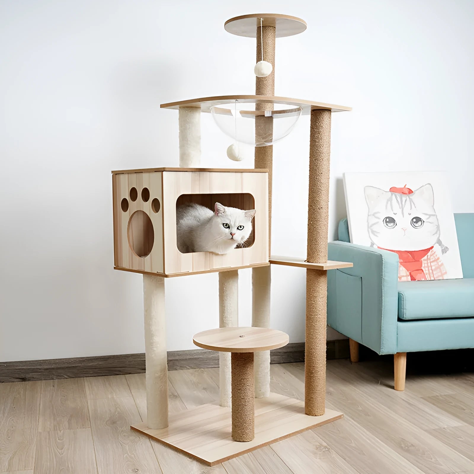 Cat crawl nest scratching board tree wooden space capsule pet house with scratching surface for indoor cats