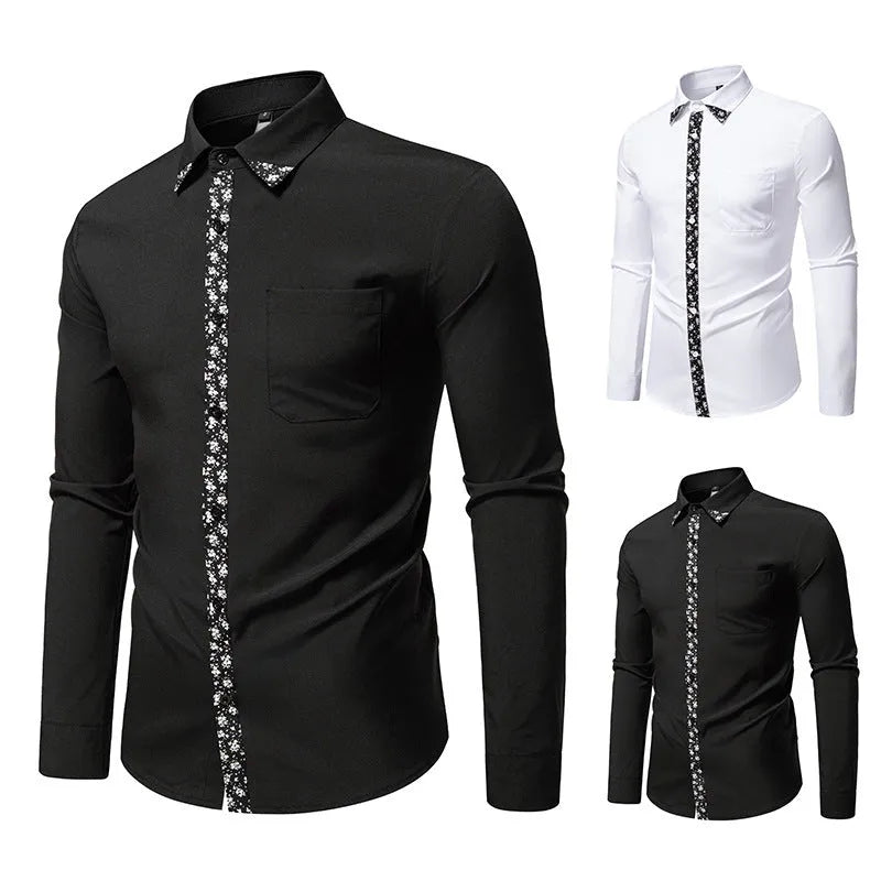 Men's white and black polyester cardigan shirt, long sleeve slim fit, sizes S to 2XL