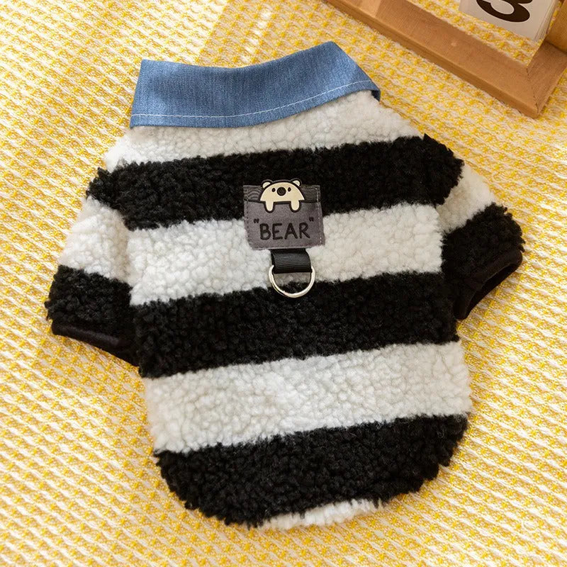 Thick warm winter sweater with leash hole for small dog or cat, striped lamb wool denim, available in black blue and pink