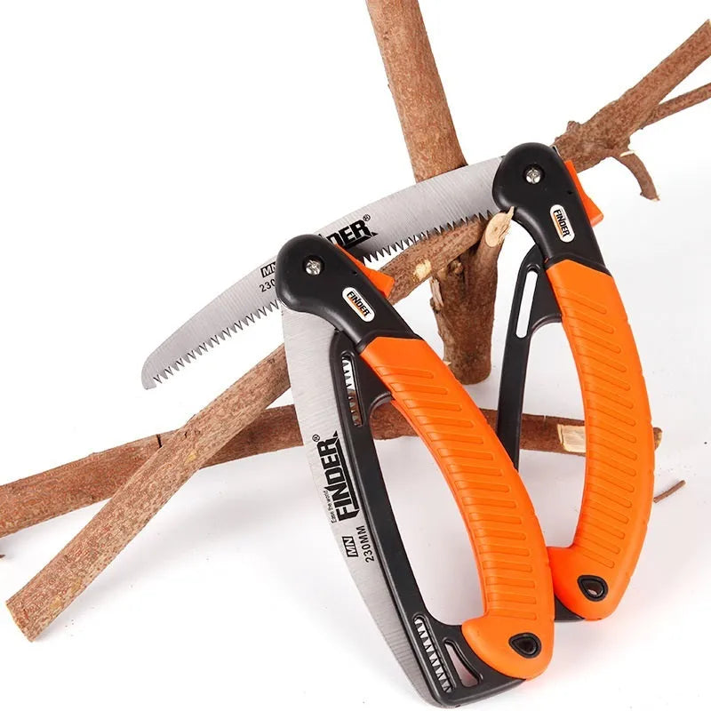 A folding hand saw with a 230mm blade and TPR handle, shown closed and open.
