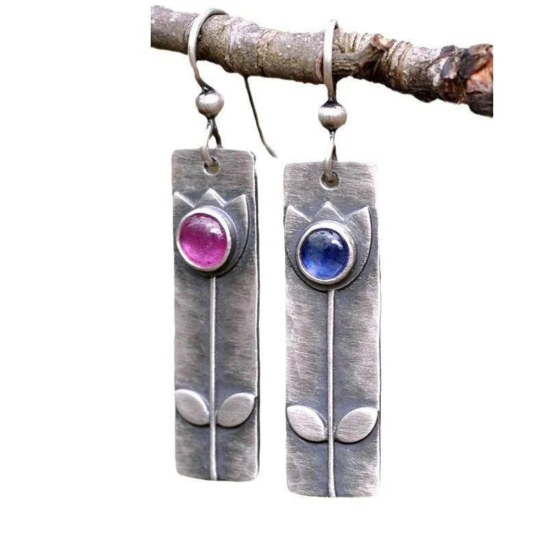 Antique finish red sapphire geometric earrings with ellipse design for women