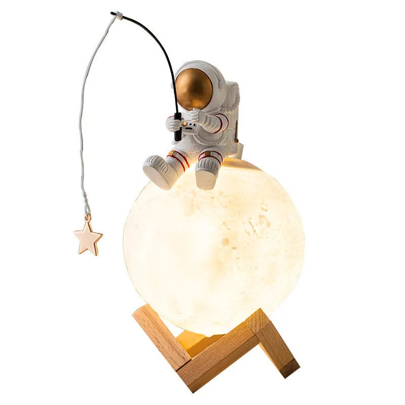 Gold astronaut figurine humidifier with wooden frame, resin space man ornament, 13x13x28cm, USB powered