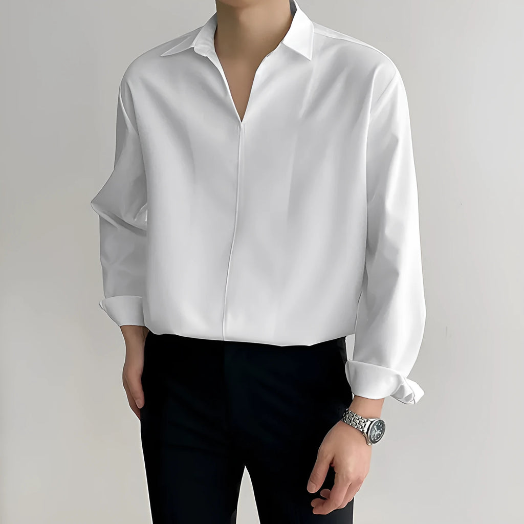 Men's loose fit casual business shirt in non-iron polyester fabric available in multiple colours
