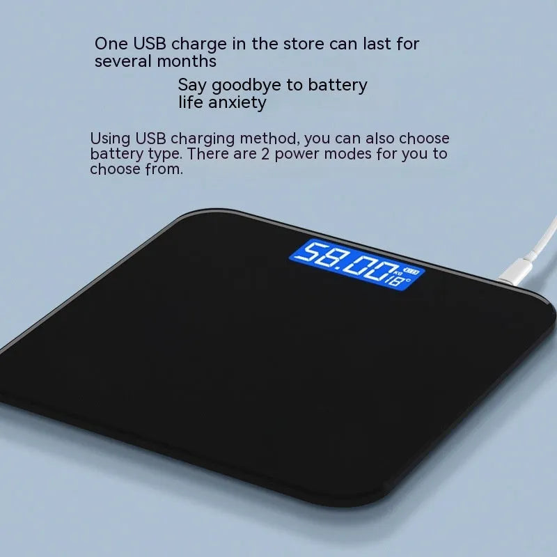 USB rechargeable electronic bathroom scale with cross pattern in black, rose red, or white colour options.