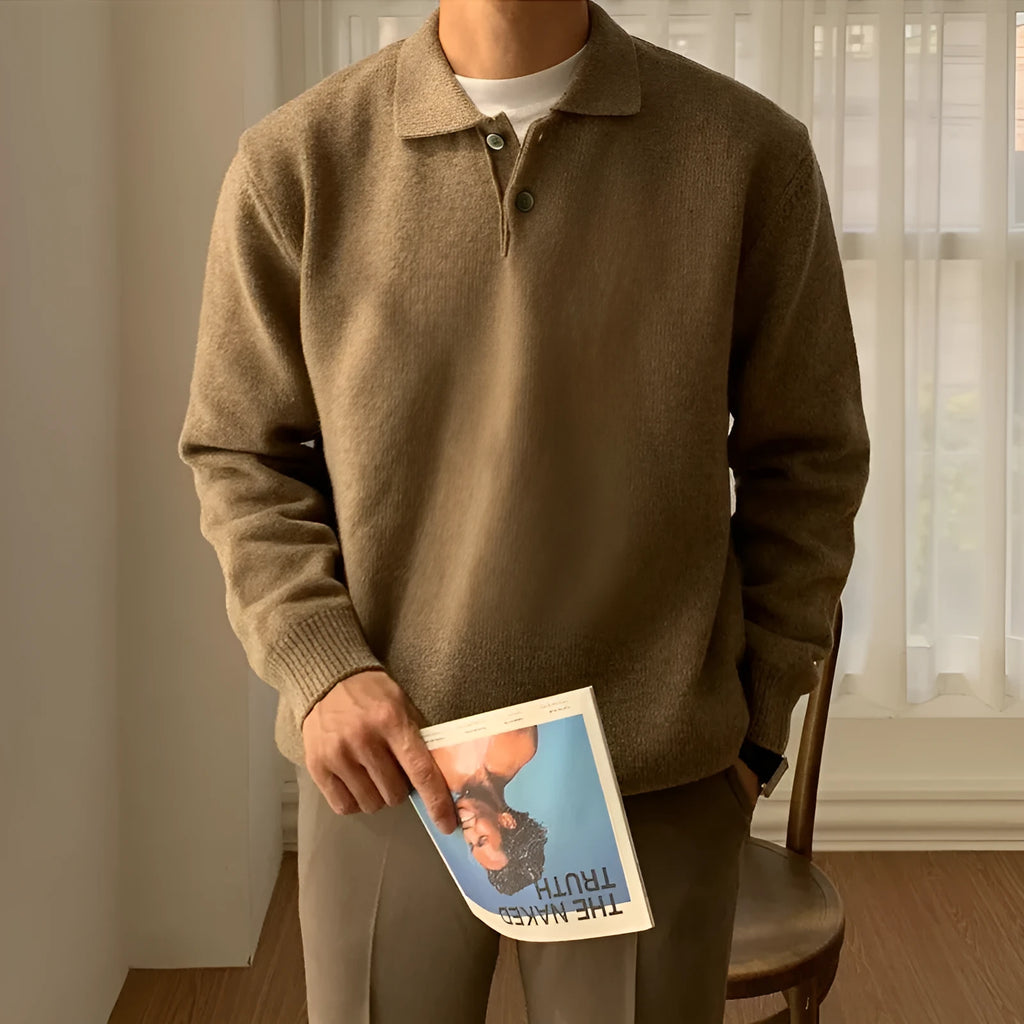 Men's loose fit lapel polo sweater in beige polyester fibre with long sleeves and pullover design