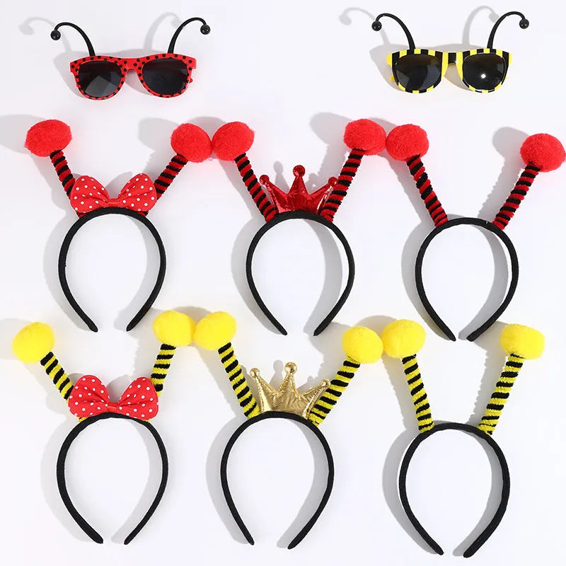 Yellow bees party dress up headband and prop glasses costume set on a mannequin head.