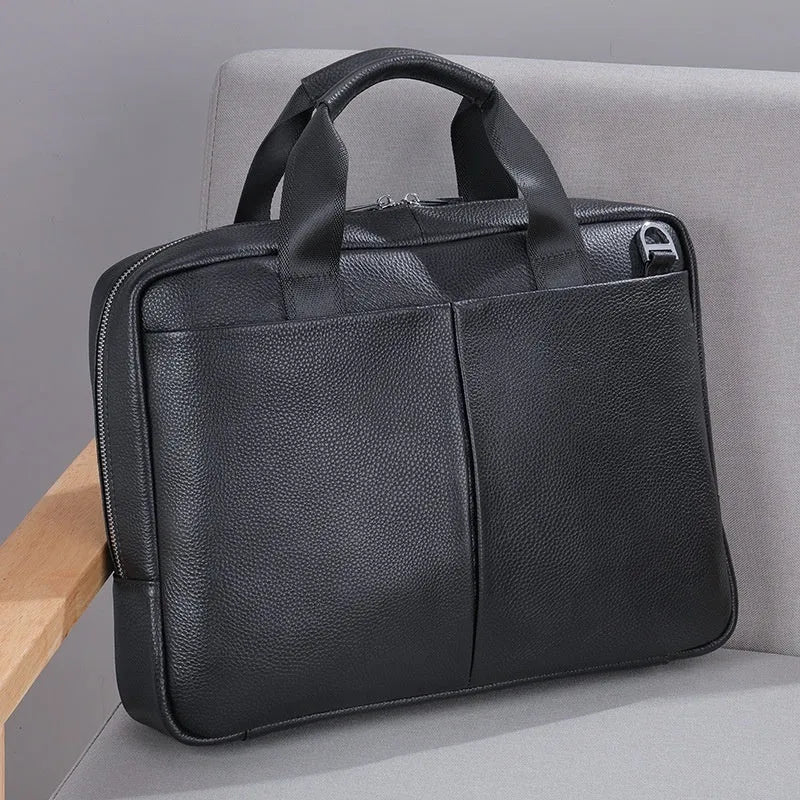 Genuine leather large capacity horizontal briefcase for men in black, first layer cowhide exterior with sewing line detailing