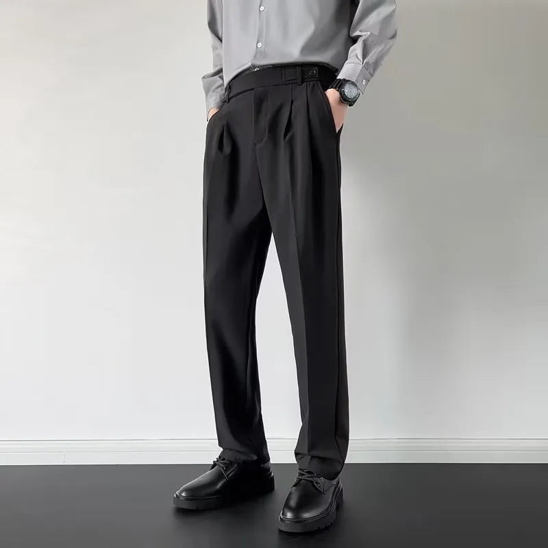 Men's straight leg loose fit suit trousers in apricot and black colours with polyester fabric
