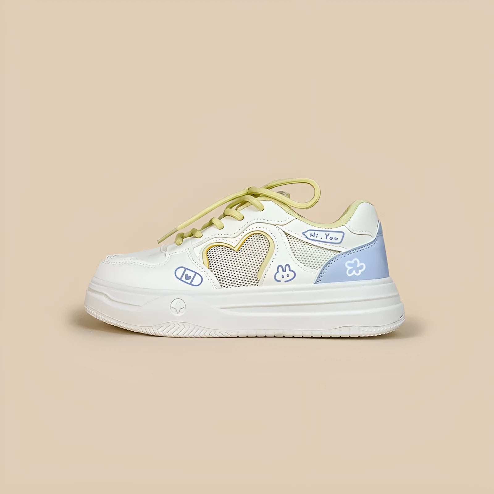 Women's mesh casual sneakers in Meow Rabbit Sea Salt Cheese colour with cross straps and rubber sole
