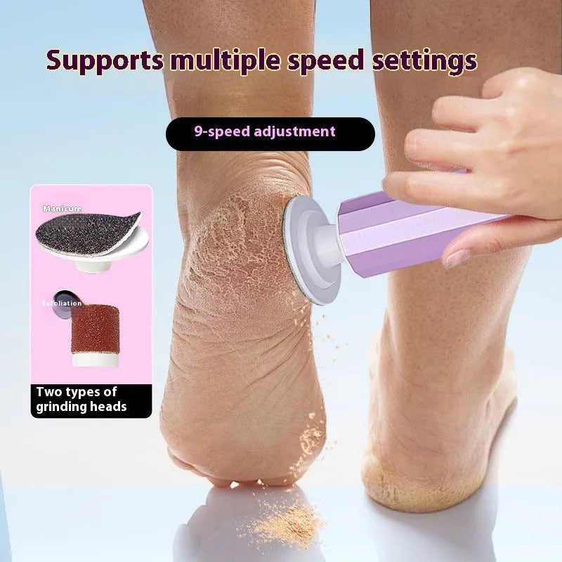 Electric callus remover kit with USB cable, grinding wheels, and gift box in pink, black, or purple.