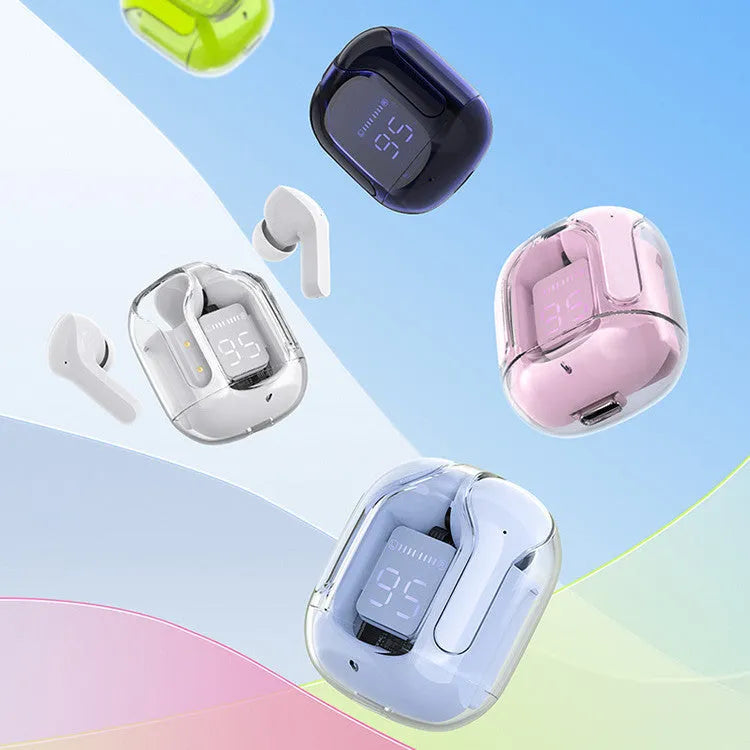Mini wireless Bluetooth headset with LED digital display, shown in one of five colour options with charging case and earplugs
