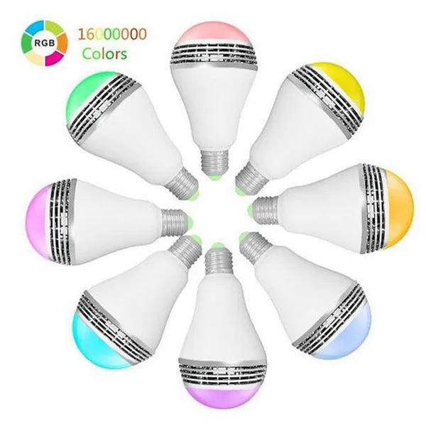 E27 LED smart bulb with built-in Bluetooth speaker, white PC casing, 100x150 mm.