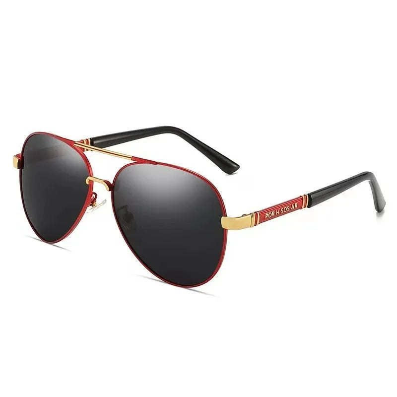 Men's gold metal frame sunglasses with dragon decoration and dark grey polarised lenses