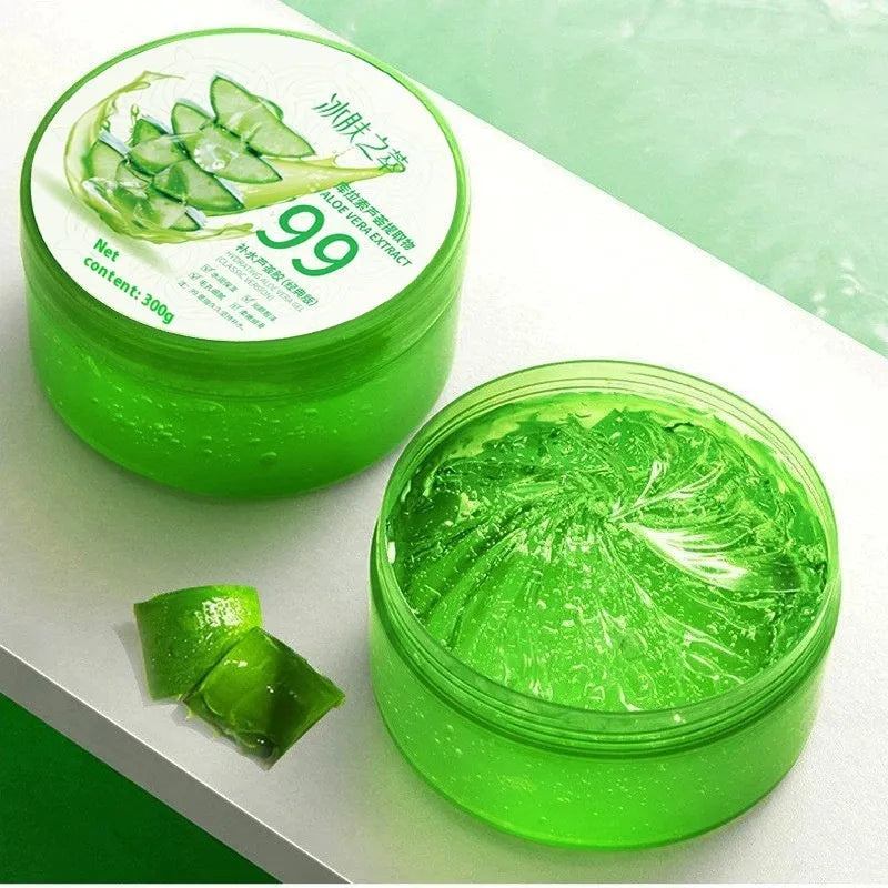 300g aloe vera gel in white pump bottle with green accents