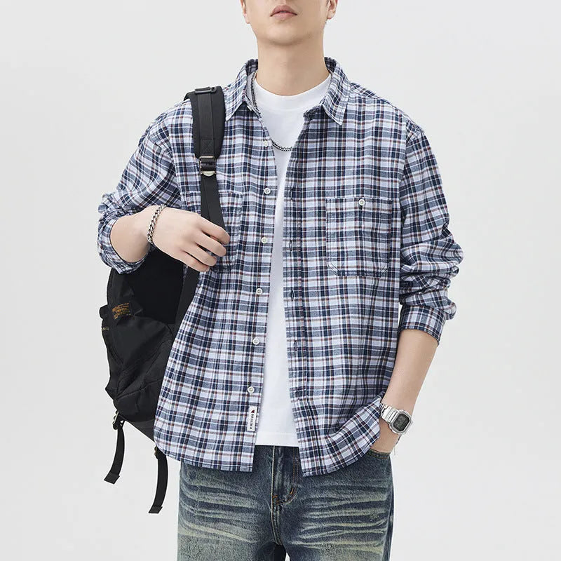 Mens blue grid plaid cotton long sleeve shirt loose fit cardigan coat