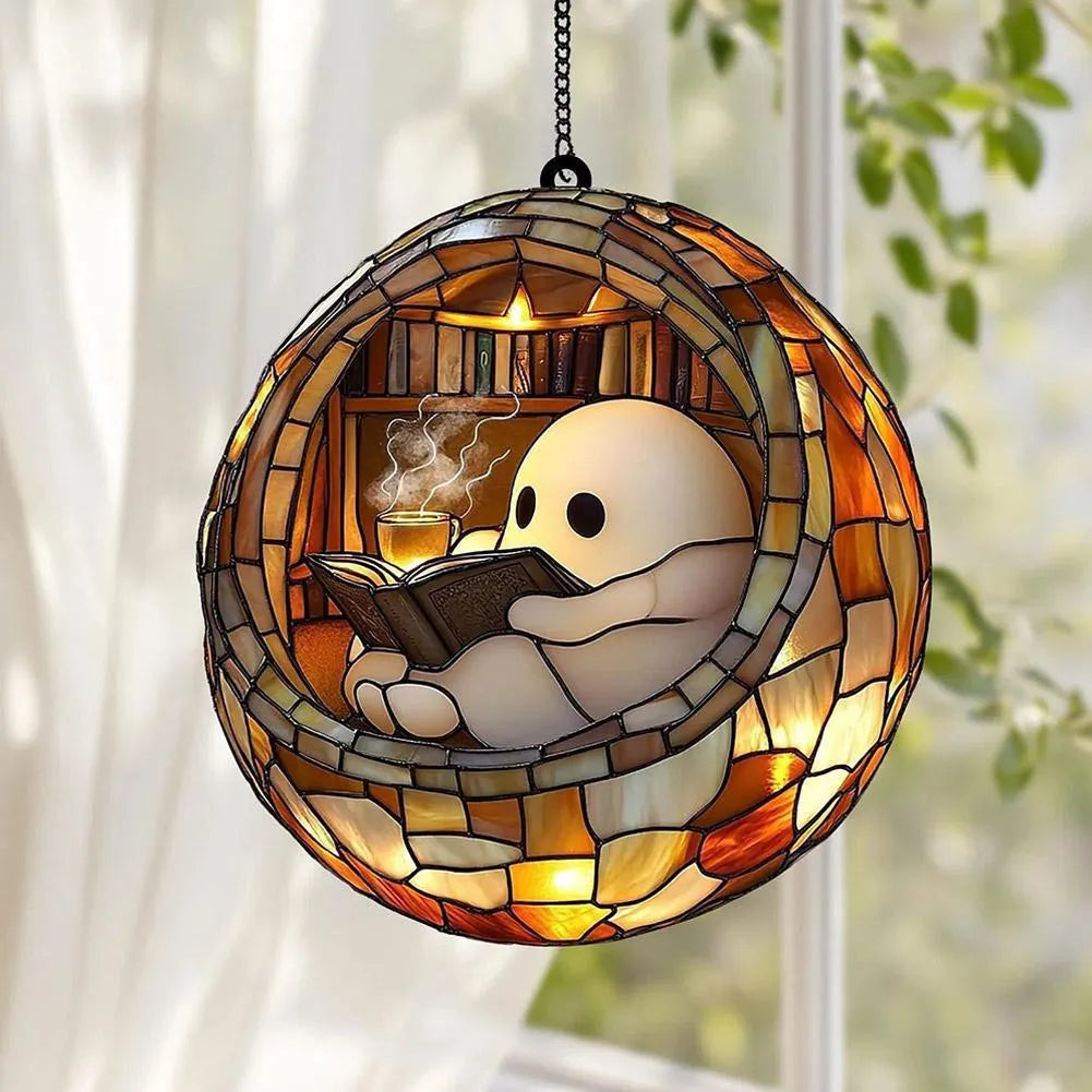 Acrylic ghost reading book suncatcher hanging decor with American style silhouette