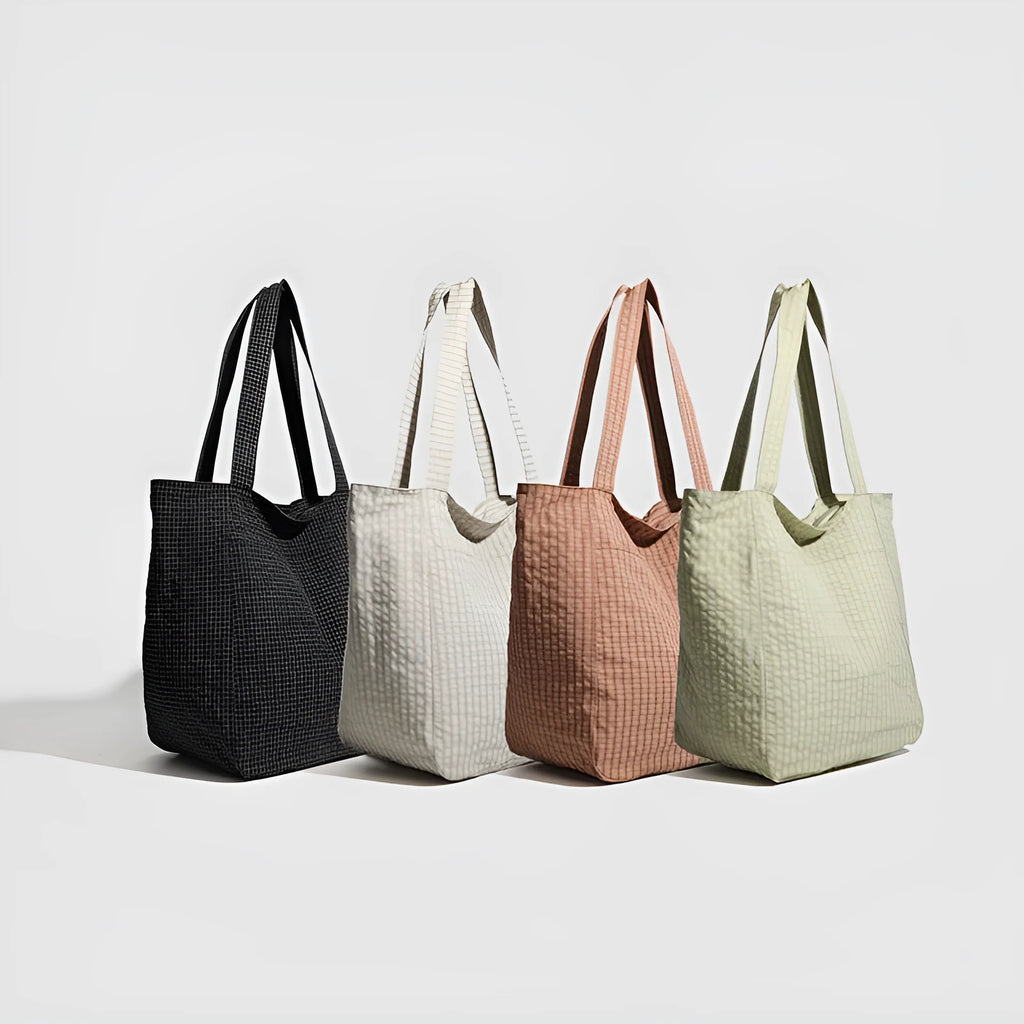 Polyester striped seersucker women's bag with horizontal square shape and three-dimensional pocket in apricot colour
