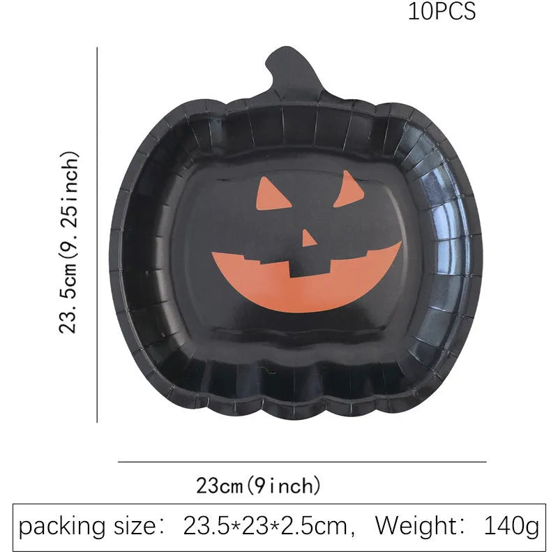 Halloween disposable paper plates with black pumpkin design in 9-inch size