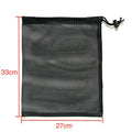 Black drawstring mesh storage bag for children's water ball toys, shown open with a toy inside.