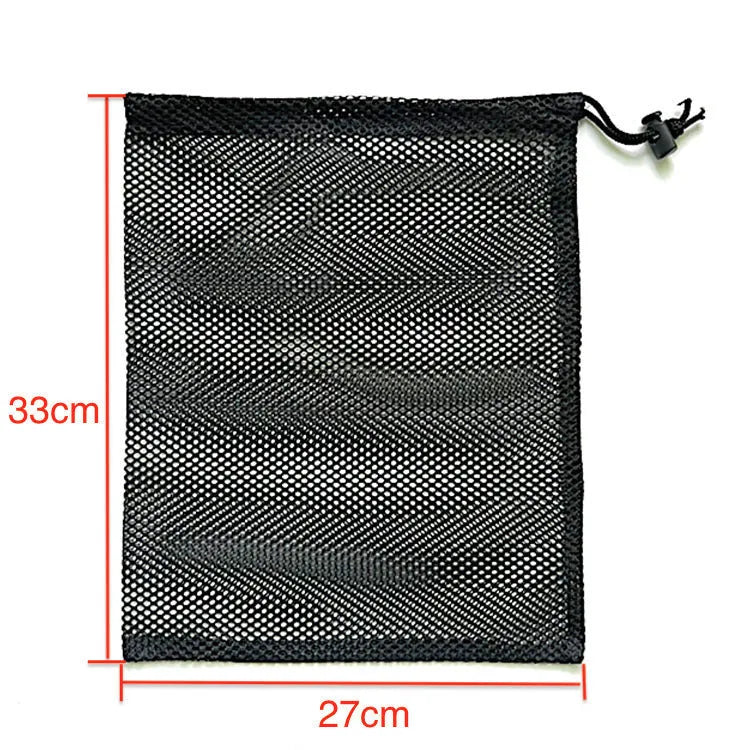 Black drawstring mesh storage bag for children's water ball toys, shown open with a toy inside.