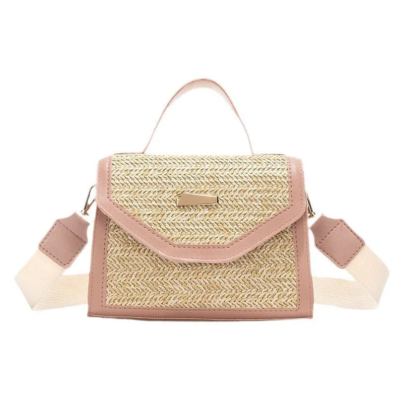 Simple woven sequin decorative crossbody small square bag in straw, four colour options: white, pink, black, dark brown.