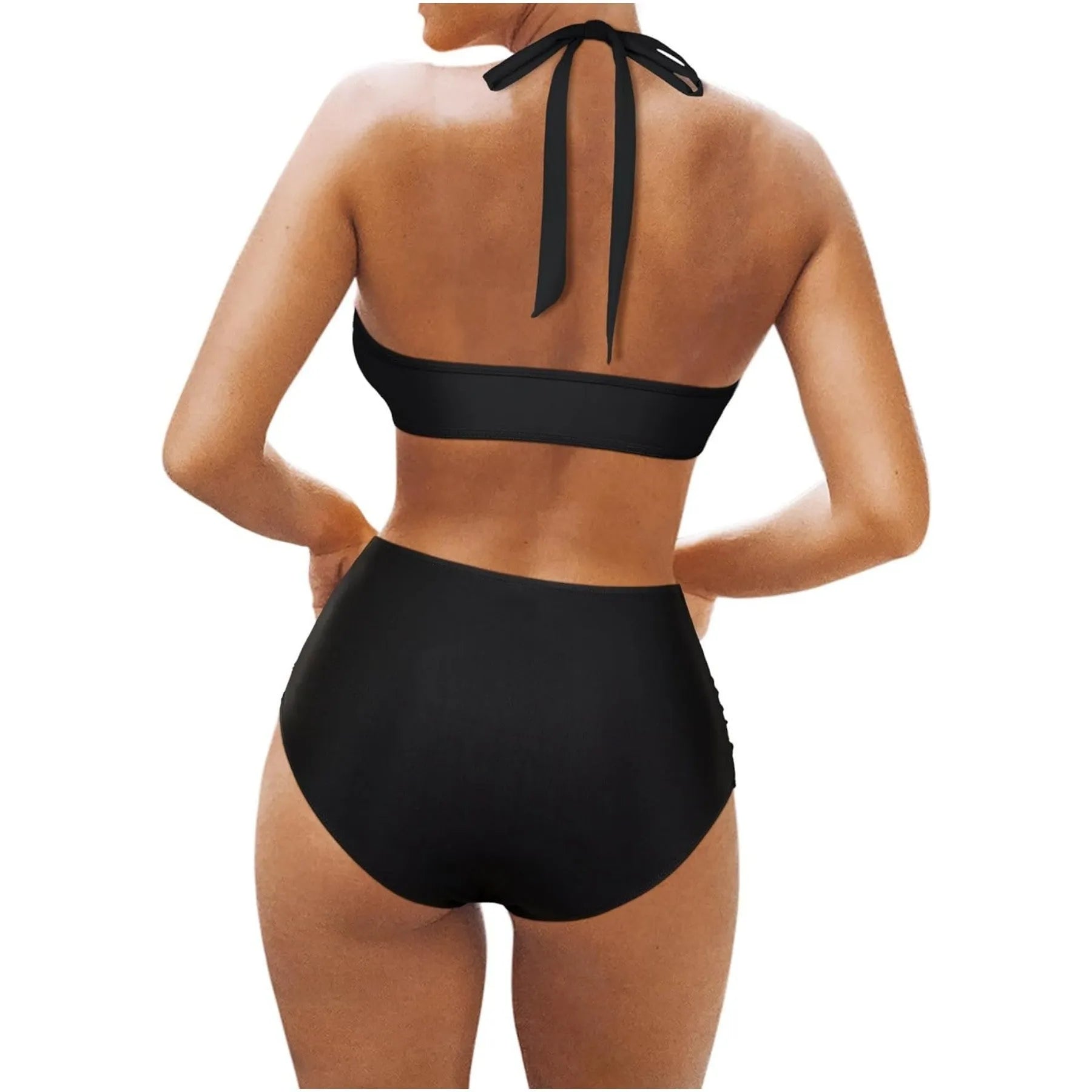 Women's two-piece polyester bikini set shown in black, rose red and leopard print colours