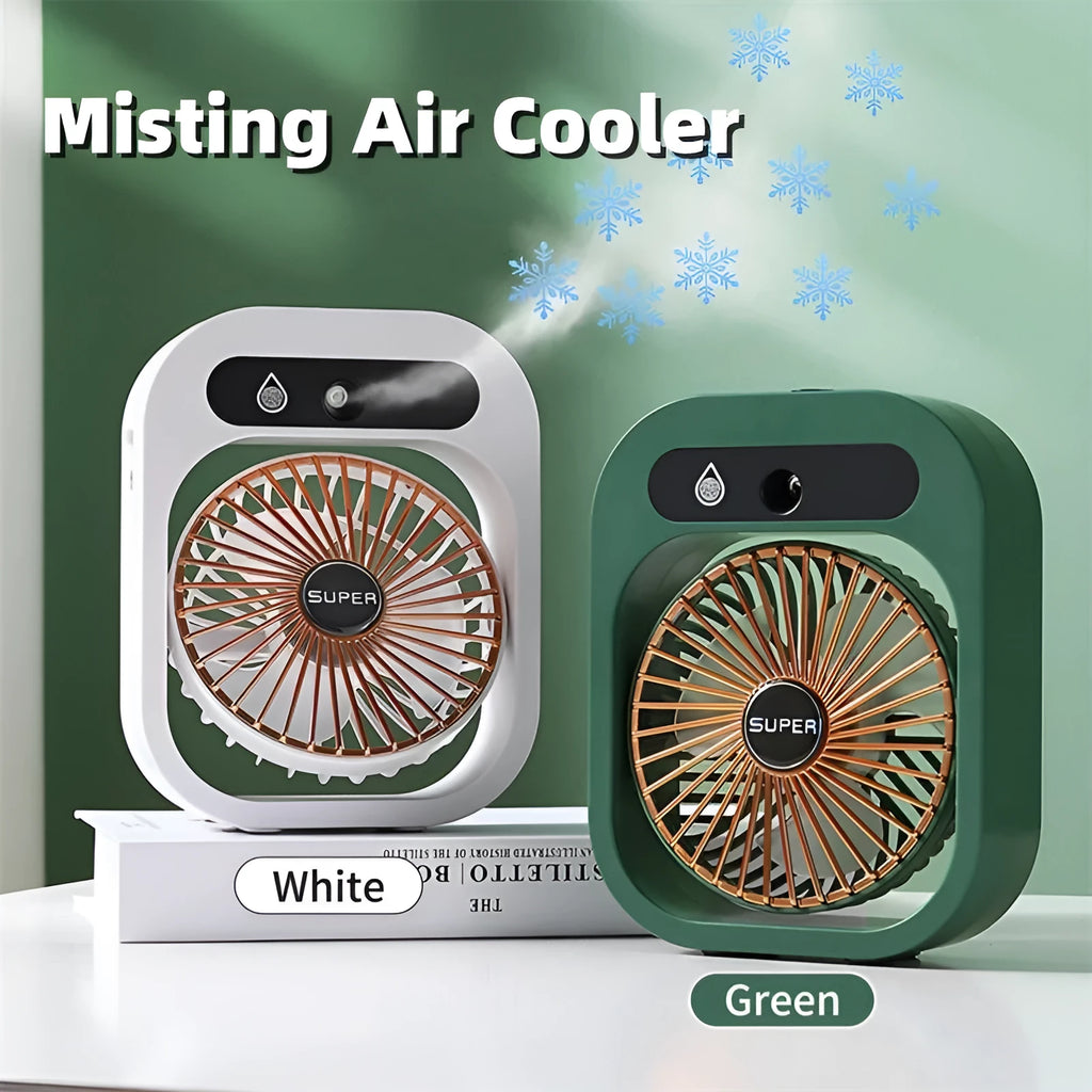 Green and white USB rechargeable misting fan air cooler with humidifier function