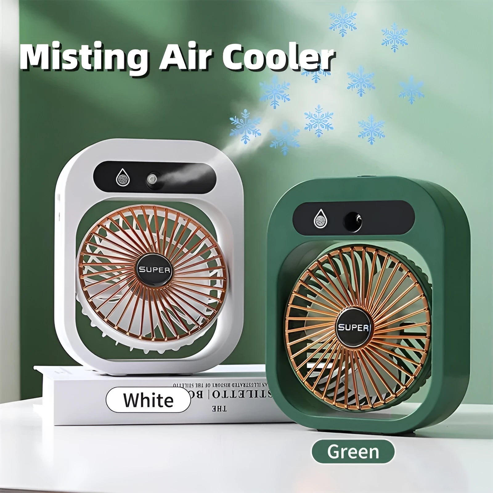 Green and white USB rechargeable misting fan air cooler with humidifier function
