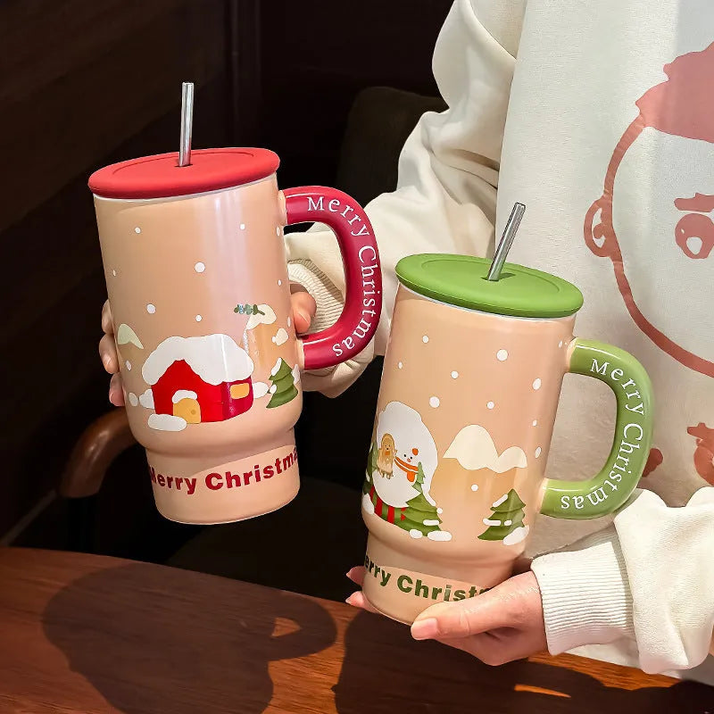 Large capacity 800ml white porcelain Christmas mug with cartoon pattern and red elk design on rustic background