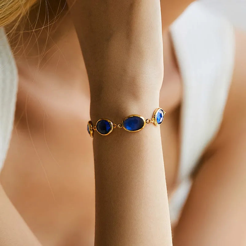 Women's geometric ellipse bracelet with coloured glass inlay on 18K copper in blue, green or multicolour