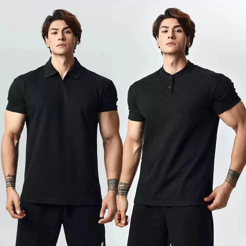 Men's loose fit polyester T-shirt in solid colour with choice of Henry or polo collar