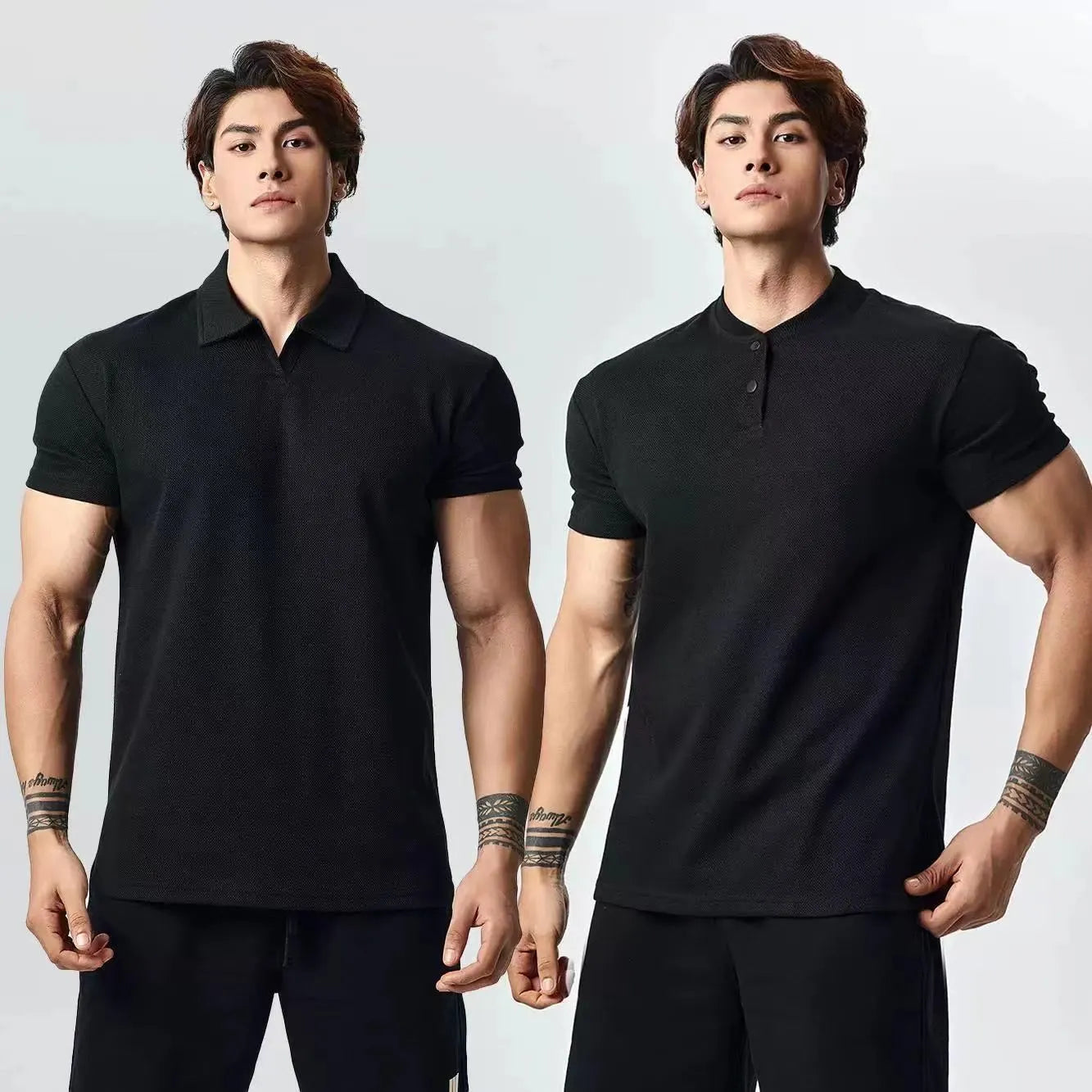 Men's loose fit polyester T-shirt in solid colour with choice of Henry or polo collar