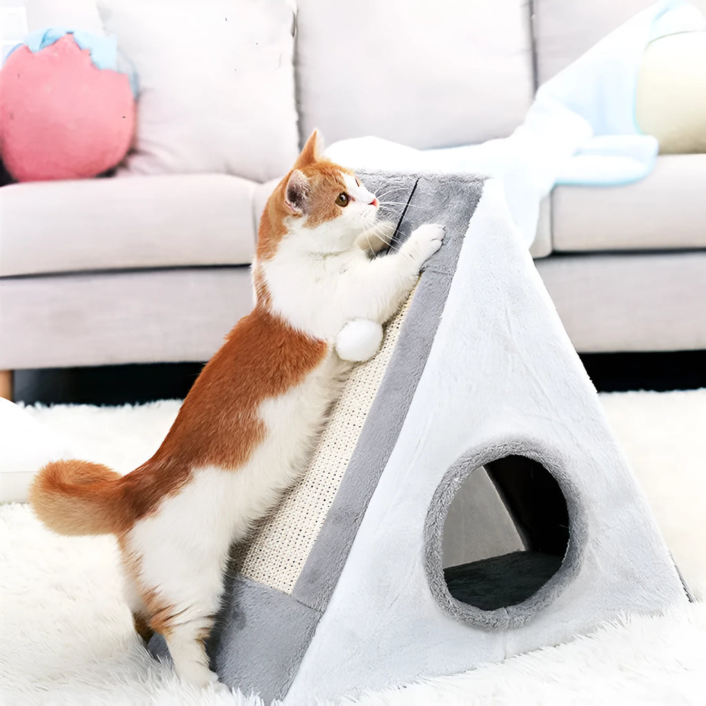 Triangular grey and white cat scratching post toy with integrated fur bed for indoor cats
