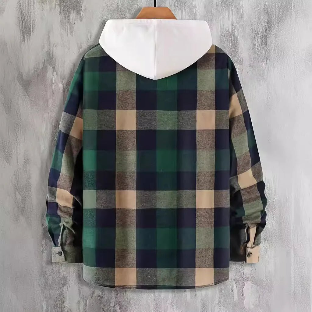 Dark green cotton plaid cardigan shirt for men, front view, commuting style