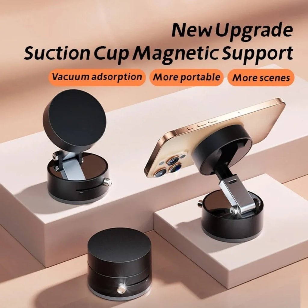 Black magnetic car phone holder with vacuum suction cup and 360-degree rotating bracket