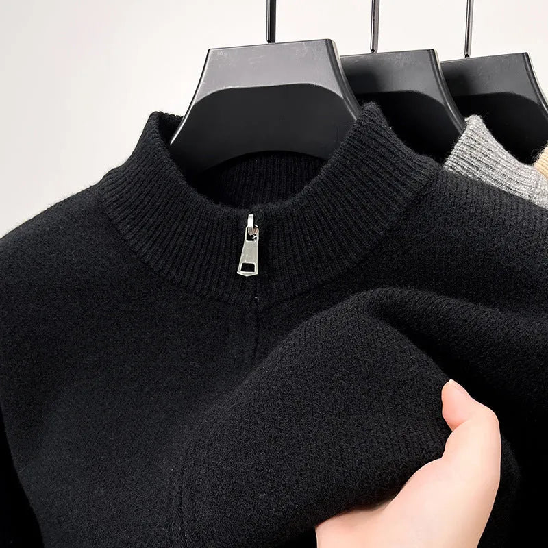 Men's stand collar knitted zipper cardigan in loose fit available in black, grey and beige