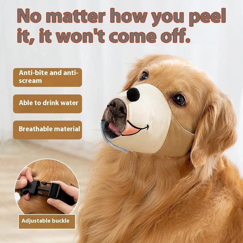 Canvas dog muzzle in Ollie Brown Bear pattern, showing adjustable straps and open design for breathability.