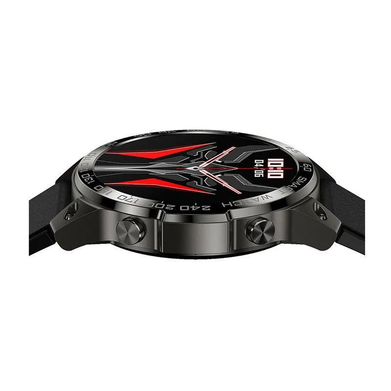 Round dial sports watch with AMOLED screen and silicone strap showing Bluetooth calling and fitness tracking features