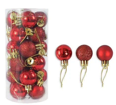 Assortment of shiny and matte 3cm plastic Christmas ball ornaments in ten different colours.